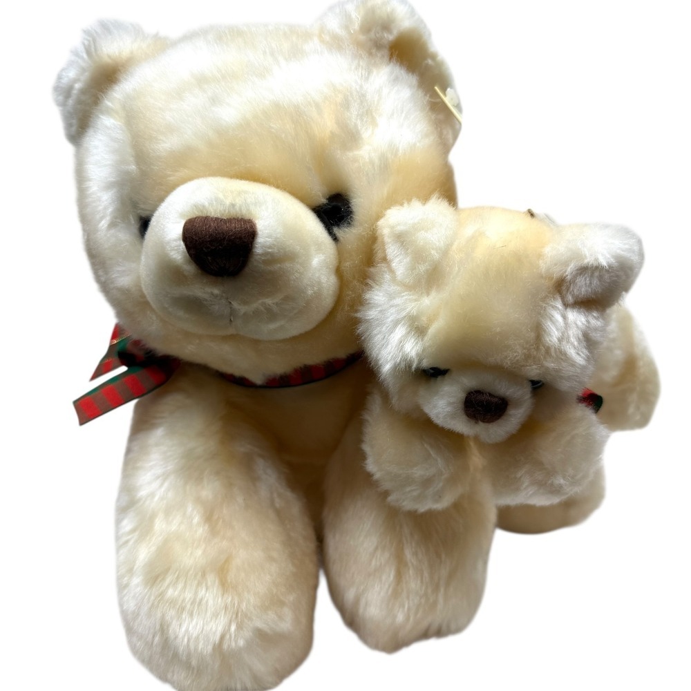 RBI Cream Mother & Baby Bear Plush Stuffed Animal Christmas Holiday Ribbon Tag